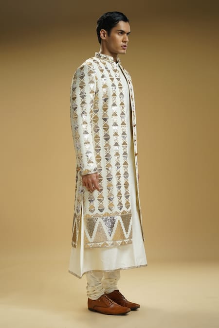 Kommal Sood_Off White Georgette, Cotton, Silk Sequins Embroidered Front-open Sherwani Set_at_Aza_Fashions
