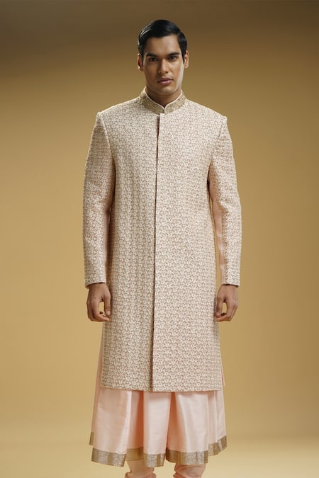 Shop Kommal Sood Pink Cotton, Silk Embroidery Sherwani Set Online at Aza Fashions Shop_Kommal Sood_Pink Cotton, Silk Embroidery Sherwani Set _Online_at_Aza_Fashions