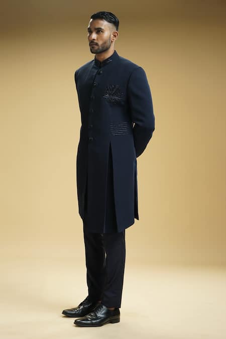 Kommal Sood_Blue Sequins Embroidered Asymmetric Achkan Set _Online_at_Aza_Fashions