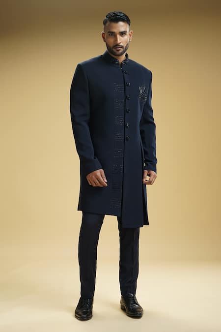 Shop_Kommal Sood_Blue Sequins Embroidered Asymmetric Achkan Set _Online_at_Aza_Fashions