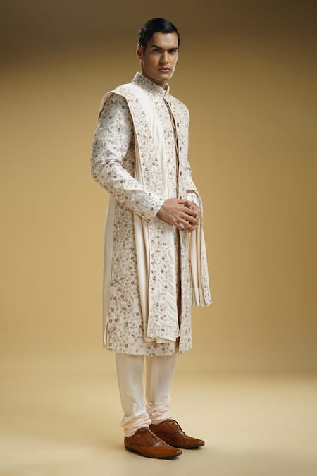 Kommal Sood_Pink Silk, Cotton Embroidery Floral Motifs Sherwani Set _at_Aza_Fashions