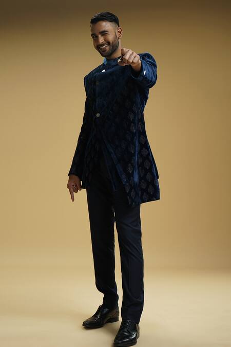 Kommal Sood Blue Velvet, Kota Doria Embroidery Peacock Motif Achkan And Trouser Set Online at Aza Fashions Kommal Sood_Blue Velvet, Kota Doria Embroidery Peacock Motif Achkan And Trouser Set _Online_at_Aza_Fashions