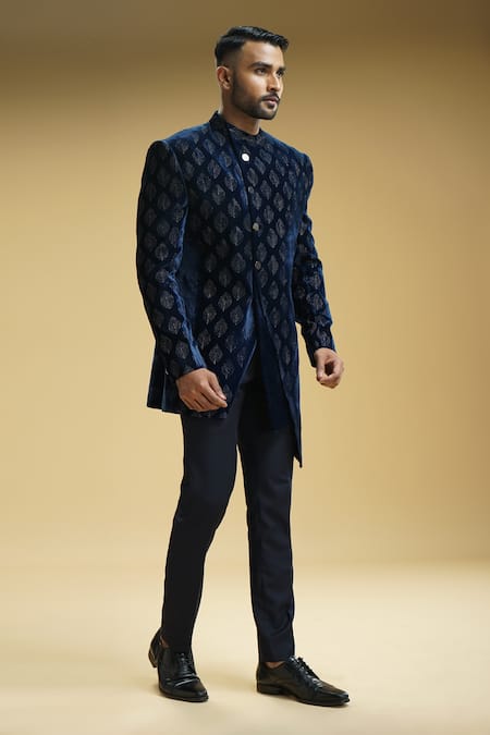 Shop Kommal Sood Blue Velvet, Kota Doria Embroidery Peacock Motif Achkan And Trouser Set Online at Aza Fashions Shop_Kommal Sood_Blue Velvet, Kota Doria Embroidery Peacock Motif Achkan And Trouser Set _Online_at_Aza_Fashions