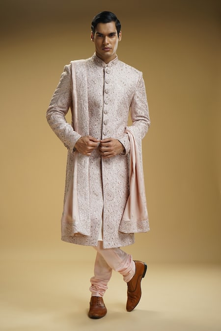 Shop Kommal Sood Pink Silk, Cotton Embroidery, Mirrors, Cut Work Floral And Paisley Sherwani Set Online at Aza Fashions Shop_Kommal Sood_Pink Silk, Cotton Embroidery, Mirrors, Cut Work Floral And Paisley Sherwani Set _Online_at_Aza_Fashions