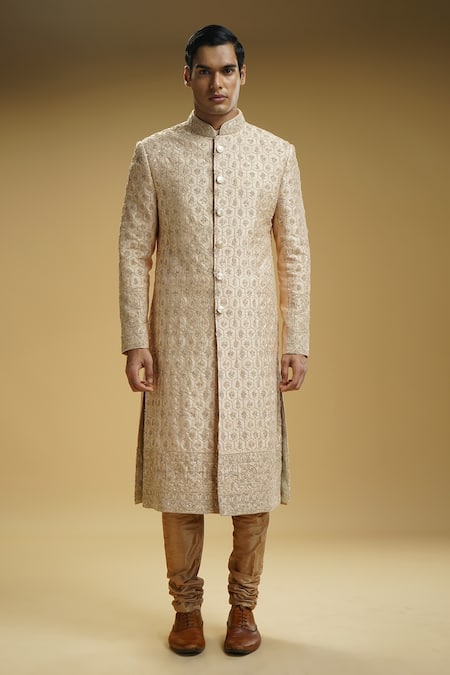 Kommal Sood_Beige Silk, Cotton Embroidery Flower And Sequin Sherwani Set _Online_at_Aza_Fashions