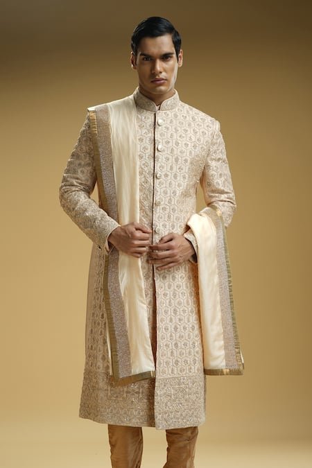 Kommal Sood Beige Silk, Cotton Mirrors, Embroidery Sequin And Flower Sherwani Set Online at Aza Fashions Kommal Sood_Beige Silk, Cotton Mirrors, Embroidery Sequin And Flower Sherwani Set _Online_at_Aza_Fashions