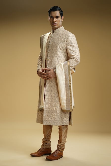Buy Kommal Sood Beige Silk, Cotton Mirrors, Embroidery Sequin And Flower Sherwani Set Online at Aza Fashions Buy_Kommal Sood_Beige Silk, Cotton Mirrors, Embroidery Sequin And Flower Sherwani Set _Online_at_Aza_Fashions
