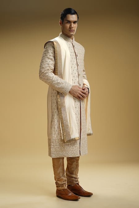 Shop Kommal Sood Beige Silk, Cotton Mirrors, Embroidery Sequin And Flower Sherwani Set Online at Aza Fashions Shop_Kommal Sood_Beige Silk, Cotton Mirrors, Embroidery Sequin And Flower Sherwani Set _Online_at_Aza_Fashions