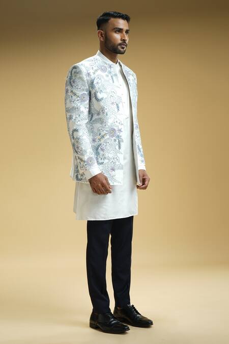 Buy_Kommal Sood_Off White Cotton Silk Embroidery All Over Flower Jacket Trouser Set  _Online_at_Aza_Fashions