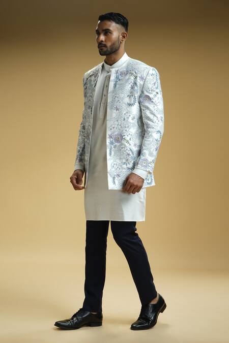 Shop_Kommal Sood_Off White Cotton Silk Embroidery All Over Flower Jacket Trouser Set  _Online_at_Aza_Fashions