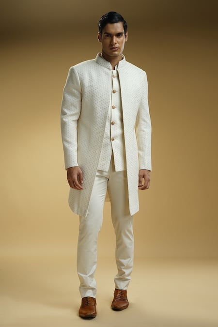 Buy Kommal Sood Off White Georgette, Cotton Satin, Kota Floral Chikankari Achkan Trouser Set Online at Aza Fashions Buy_Kommal Sood_Off White Georgette, Cotton Satin, Kota Floral Chikankari Achkan Trouser Set _Online_at_Aza_Fashions