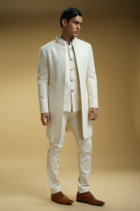 Shop Kommal Sood Off White Georgette, Cotton Satin, Kota Floral Chikankari Achkan Trouser Set Online at Aza Fashions Shop_Kommal Sood_Off White Georgette, Cotton Satin, Kota Floral Chikankari Achkan Trouser Set _Online_at_Aza_Fashions