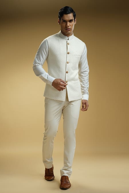 Buy Kommal Sood Off White Georgette, Cotton Satin, Kota Floral Chikankari Achkan Trouser Set Buy_Kommal Sood_Off White Georgette, Cotton Satin, Kota Floral Chikankari Achkan Trouser Set