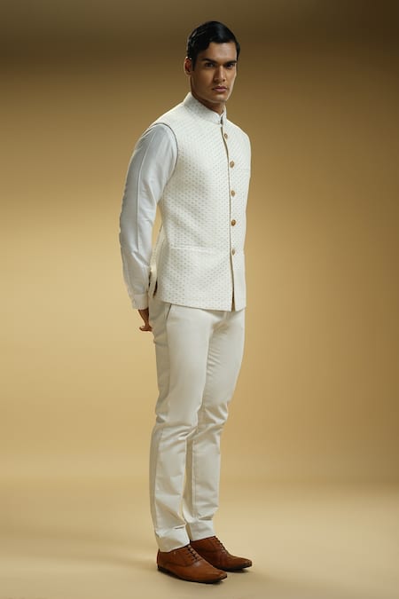 Shop_Kommal Sood_Off White Cotton, Georgette, Kota Doria Floral Chikankari Bundi Trouser Set _Online_at_Aza_Fashions