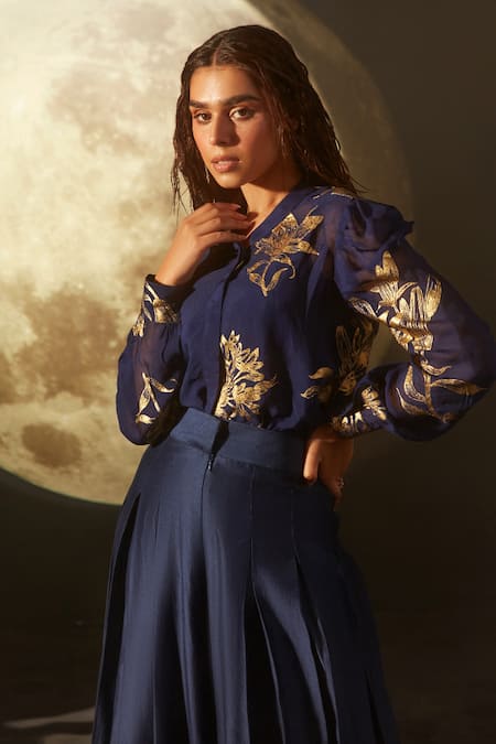 Dohr India_Blue Organza, Silk, Cotton Foil Printing, Embroidery Mandarin Shirt And Pant Set _Online_at_Aza_Fashions