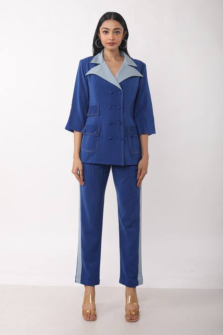 Veera Wear_Blue Crepe Split V-neck Overlap Shirt And Pant Set_Online_at_Aza_Fashions