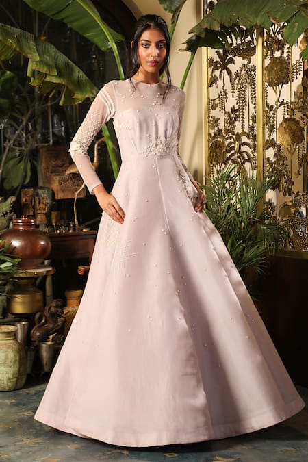 Shop_Sahil Kochhar_Purple Organza Net Embroidery Bead Round Lilac Gown With Sheer Yoke _Online_at_Aza_Fashions