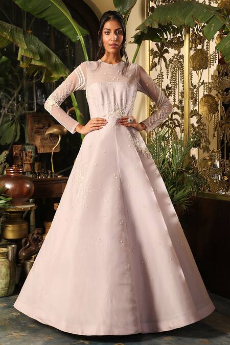 Buy_Sahil Kochhar_Purple Organza Net Embroidery Bead Round Lilac Gown With Sheer Yoke 