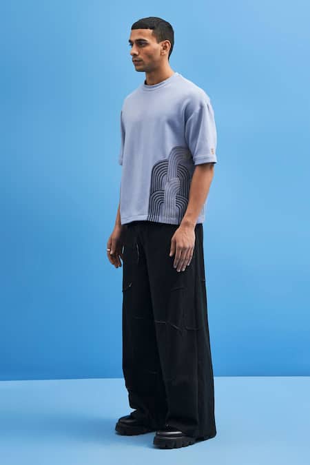 Siddhant Agrawal_Blue Georgette, Jersey Chrysler Embroidered T-shirt _Online_at_Aza_Fashions