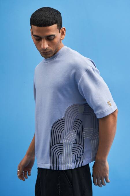Shop_Siddhant Agrawal_Blue Georgette, Jersey Chrysler Embroidered T-shirt _Online_at_Aza_Fashions