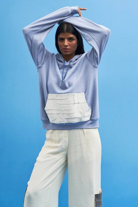 Siddhant Agrawal_Blue Cotton High Neck Shoji Hoodie  _at_Aza_Fashions