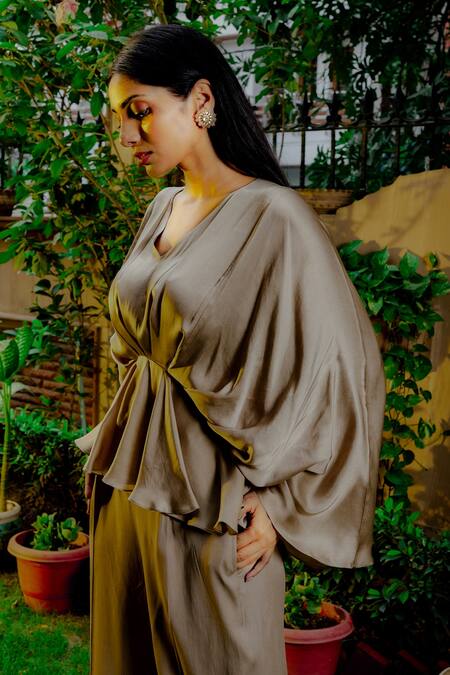 Omana By Ranjana Bothra_Silver Satin V-neck Cowl Sleeve Top And Wide Legged Trouser Set _Online_at_Aza_Fashions