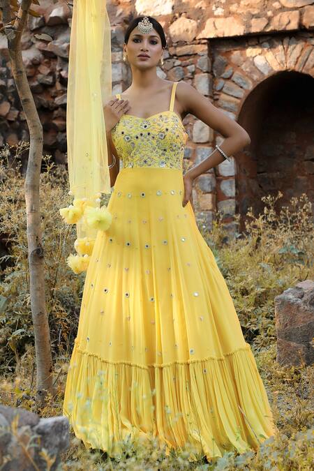 Shop_Nitisha Kashyap Official_Yellow Georgette, Net, Silk Mirrors, Embroidered Tiered Anarkali With Dupatta 