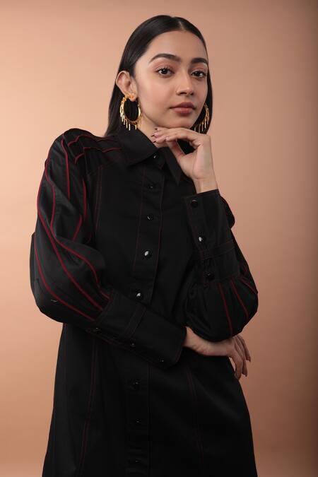 Veera Wear_Black Cotton Collared Solid Stroke Dress _Online_at_Aza_Fashions