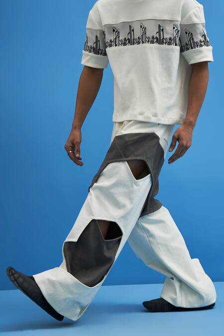 Siddhant Agrawal White Denim Structured Layered Trouser Online at Aza Fashions Siddhant Agrawal_White Denim Structured Layered Trouser _Online_at_Aza_Fashions