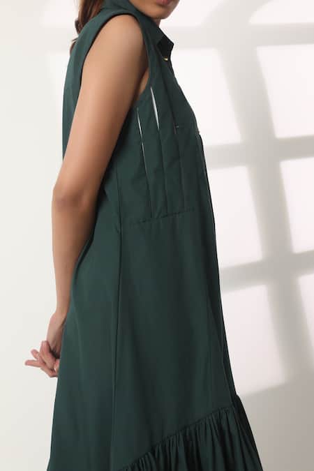 Buy_Studio Moda India_Green Cotton Shawl Neck Flutter Pleated A-line Dress _Online_at_Aza_Fashions