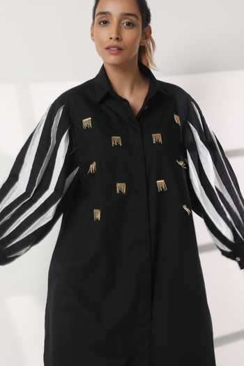 Buy_Studio Moda India_Black Cotton Chains Pleated Sleeve Flow Dress _Online_at_Aza_Fashions