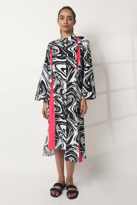 Studio Moda India_Black Cotton Ruffles Mandarin Collar Waft Wing Printed Dress_Online_at_Aza_Fashions