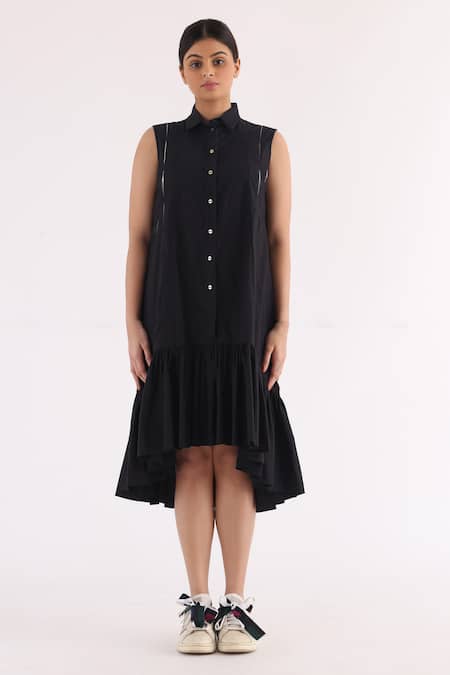 Shop_Studio Moda India_Black Cotton Collared Woven Shirt Dress _Online_at_Aza_Fashions
