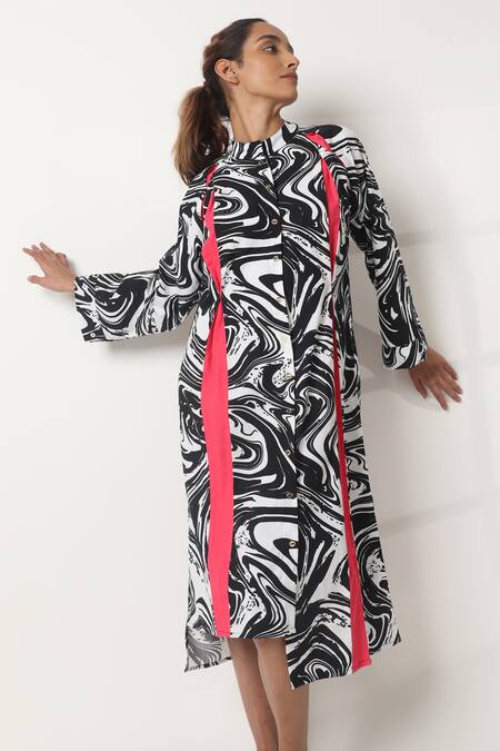 Buy_Studio Moda India_Black Cotton Ruffles Mandarin Collar Waft Wing Printed Dress_Online_at_Aza_Fashions