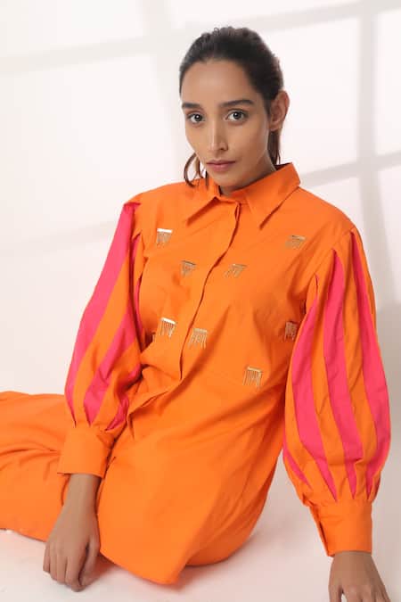 Studio Moda India_Orange Cotton Embroidery Collared Pleated Sleeve Flow Shirt _Online_at_Aza_Fashions