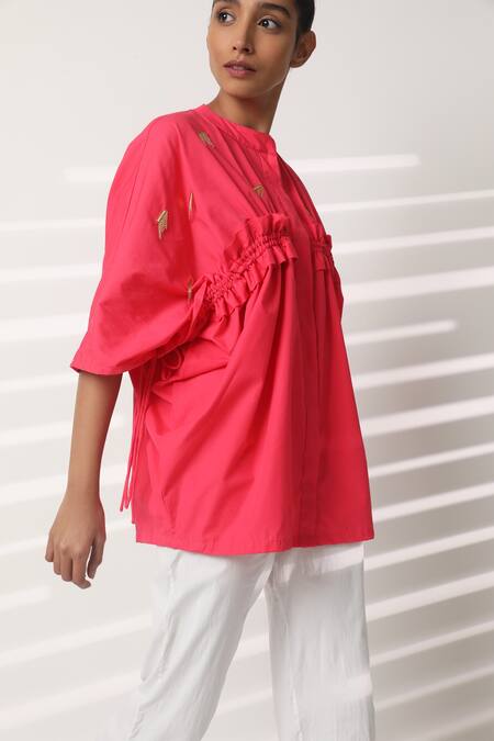 Buy_Studio Moda India_Pink Cotton Chains Mandarin Collar Draft Dolman Sleeve Shirt _Online_at_Aza_Fashions