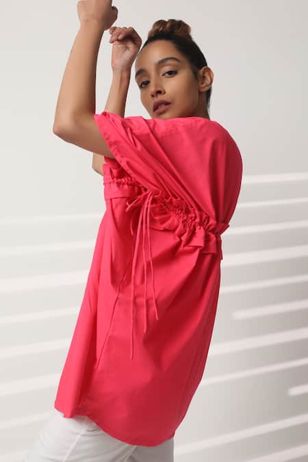 Shop_Studio Moda India_Pink Cotton Chains Mandarin Collar Draft Dolman Sleeve Shirt _Online_at_Aza_Fashions