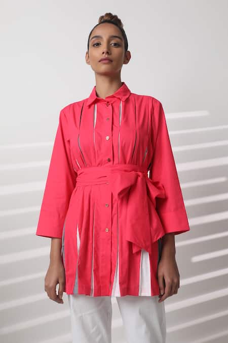 Studio Moda India_Pink Cotton Collared Pleated Blast Shirt _Online_at_Aza_Fashions