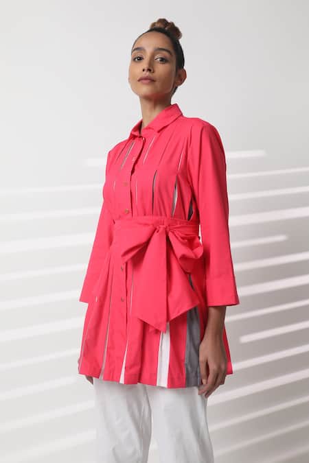Buy_Studio Moda India_Pink Cotton Collared Pleated Blast Shirt _Online_at_Aza_Fashions