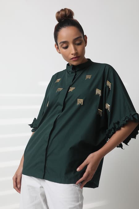 Studio Moda India_Green Cotton Embroidery Mandarin Collar Sway Work Kimono Shirt _Online_at_Aza_Fashions