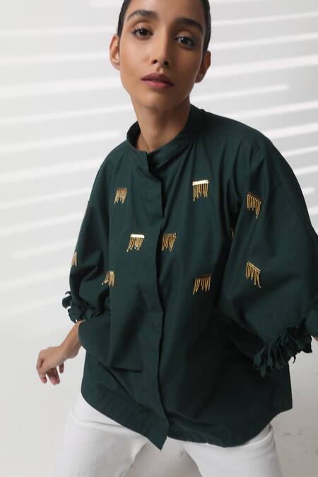 Buy_Studio Moda India_Green Cotton Embroidery Mandarin Collar Sway Work Kimono Shirt _Online_at_Aza_Fashions