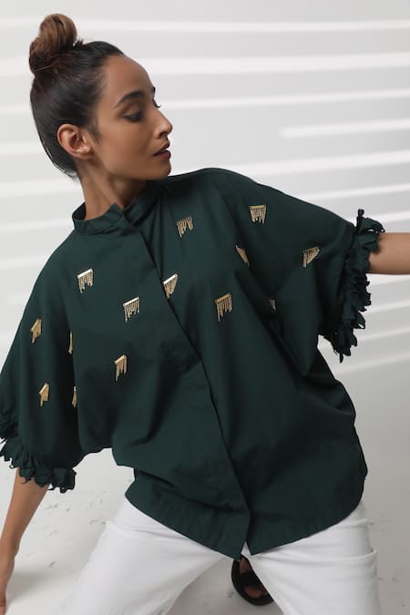 Shop_Studio Moda India_Green Cotton Embroidery Mandarin Collar Sway Work Kimono Shirt _Online_at_Aza_Fashions