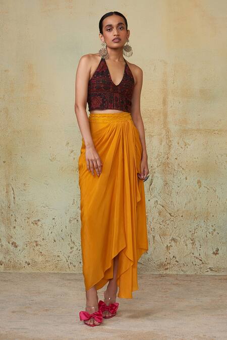 Style Junkiie_Yellow Cotton Draped Skirt _Online_at_Aza_Fashions