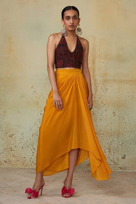 Buy_Style Junkiie_Yellow Cotton Draped Skirt _Online_at_Aza_Fashions