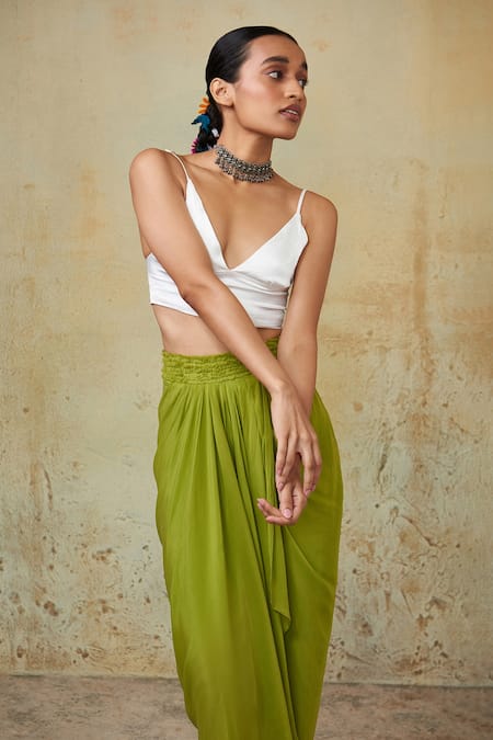 Shop Style Junkiie Green Crepe Asymmetric Hem Draped Skirt Online at Aza Fashions Shop_Style Junkiie_Green Crepe Asymmetric Hem Draped Skirt _Online_at_Aza_Fashions
