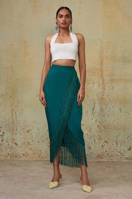 Style Junkiie Green Crepe Beads, Fringe Asymmetric Wrap Skirt Online at Aza Fashions Style Junkiie_Green Crepe Beads, Fringe Asymmetric Wrap Skirt _Online_at_Aza_Fashions