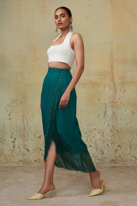 Buy Style Junkiie Green Crepe Beads, Fringe Asymmetric Wrap Skirt Online at Aza Fashions Buy_Style Junkiie_Green Crepe Beads, Fringe Asymmetric Wrap Skirt _Online_at_Aza_Fashions