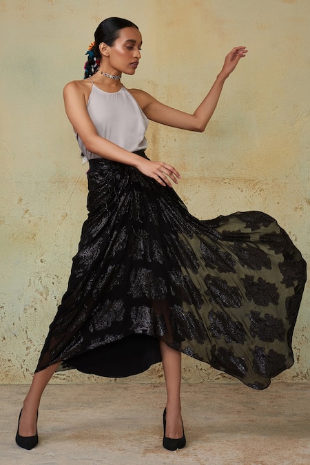Style Junkiie_Black Georgette Beads Cut Dana Embroidered Asymmetrical Skirt _Online_at_Aza_Fashions