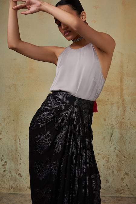 Style Junkiie_Black Georgette Beads Cut Dana Embroidered Asymmetrical Skirt _at_Aza_Fashions