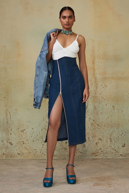 Buy Style Junkiie Blue Denim High Waisted Skirt Online at Aza Fashions Buy_Style Junkiie_Blue Denim High Waisted Skirt _Online_at_Aza_Fashions
